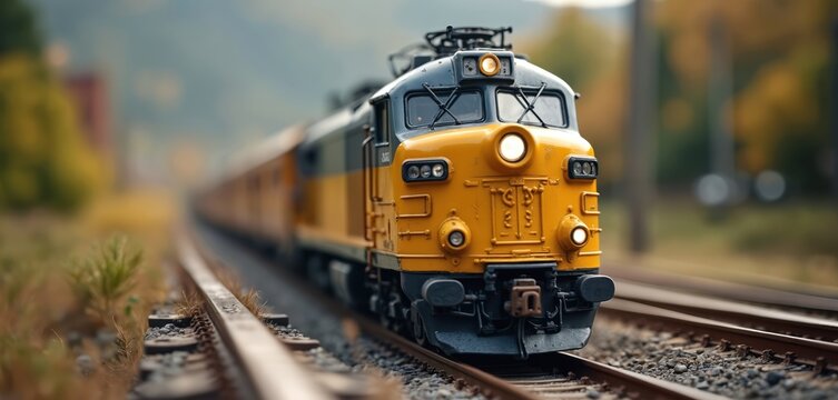 Detailed yellow, black model train on railroad tracks. Miniature diesel locomotive moves on railway outdoors with tilt shift blur effect. Scale model transport, hobby, childhood play, adventure,