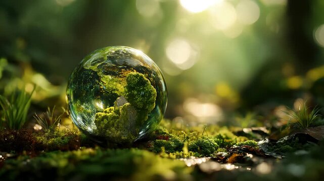 Environment Concept, ball is surrounded by green grass and trees, creating a peaceful and serene atmosphere. The sunlight is shining on the ball