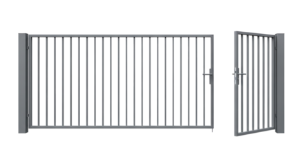 Two gray metal security gates one closed and one partially open with silver handles, cutout, PNG isolated on white or transparent background