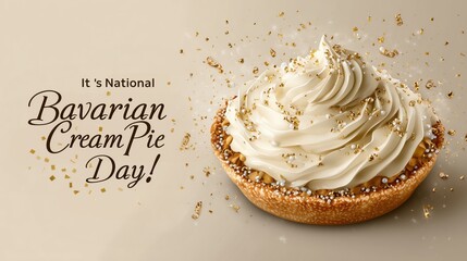 Festive banner illustration with Bavarian cream pie, confetti and golden tones, cheerful text "It’s National Bavarian Cream Pie Day!"