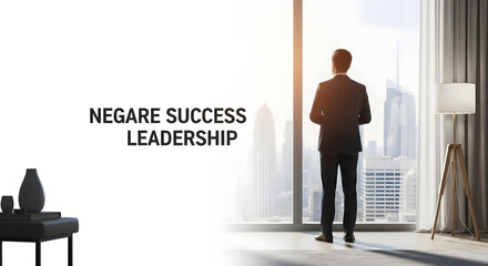 Man in suit looking out of window with text overlay.