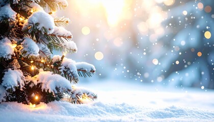 Outdoor Christmas Tree with Lights in Snowy Forest at Sunset