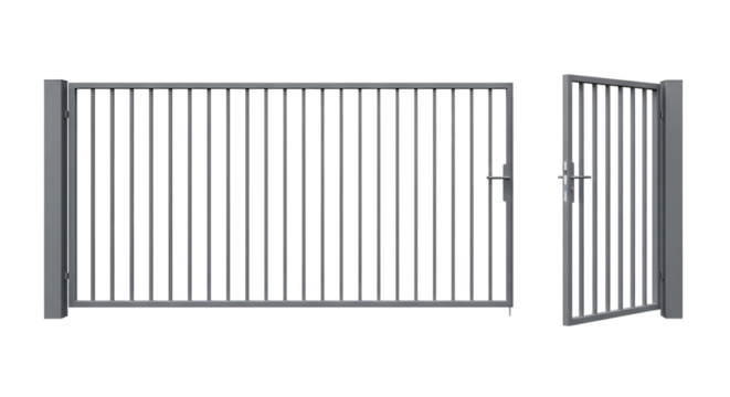 Two gray metal security gates one closed and one partially open with silver handles, cutout, PNG isolated on white or transparent background