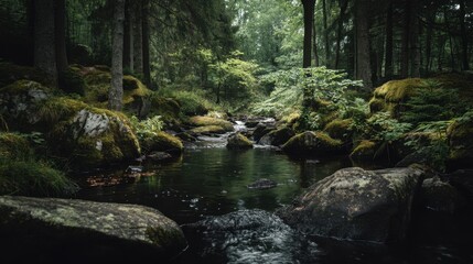 Tranquil Stream Flowing Through Lush Forest with Mossy Rocks and Dense Greenery in a Serene Natural Landscape