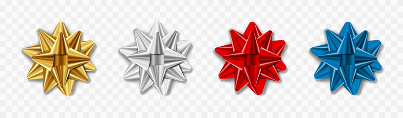 Collection of bows in red, silver, gold and blue.