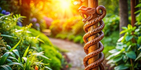 Candid Photo: Asclepius Staff, Healing Symbol, Close-up Detail, Natural Light, Wooden Staff