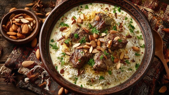 Jordan dish Mansaf Lamb cooked in fermented yogurt sauce served over rice with almonds and pine nuts