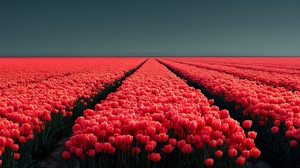 Fototapeta premium shot of a light orange tulip field, with the blossoms arranged in a perfect geometric grid pattern. The vibrant, warm color of the tulips fills the lower two-thirds of the frame, sharply meeting 