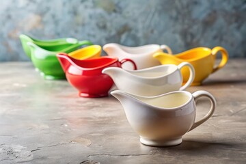Candid Photo: White Ceramic Gravy Boats on Light Concrete