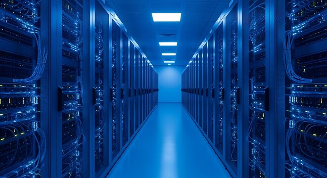 A long, narrow corridor lined with tall server racks, illuminated by a cool blue light, suggesting a data center or server room.
