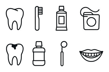 Dental care icons: toothbrush, toothpaste, floss, mouthwash, healthy teeth, smiling mouth