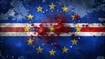 Cape Verde Flag, Torn, Blood Stained, Low Light, Dramatic Stock Photo