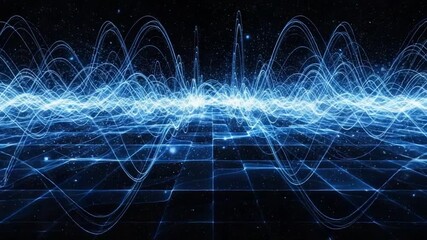 Dynamic blue frequency waves with luminous particles traversing a dark digital grid symbolizing advanced technology data processing and scientific research - Powered by Adobe