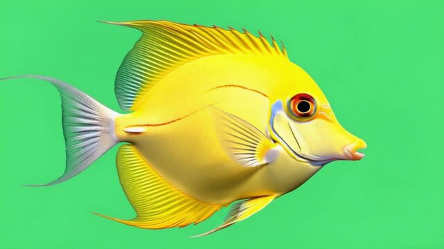 Close up of a yellow tang fish with a green background showing its fins and distinct eye detail green screen animal video