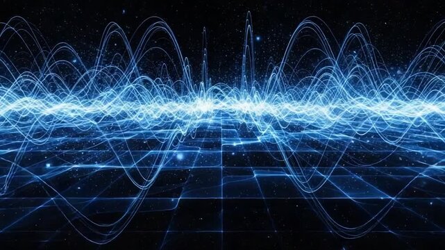 Dynamic blue frequency waves with luminous particles traversing a dark digital grid symbolizing advanced technology data processing and scientific research - Powered by Adobe