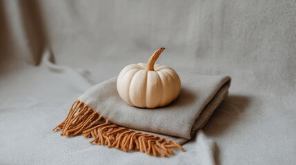 Flat lay of blanket and pumpkin arranged on a soft blanket in a cozy couch, lit with soft daylight, styled as soft autumn aesthetic, with golden hues tones