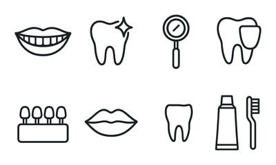 Set of dental icons featuring teeth, smiles, and oral care items