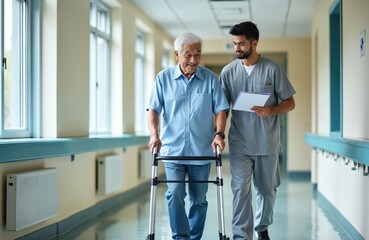 Elderly asian man walks with walker in hospital corridor. Caregiver assists patient with mobility, guiding him down hallway after treatment. Patient smiling, recovering well in rehab.