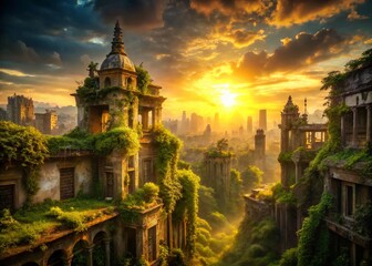 Celestial Cityscape: Divine Light Illuminates Urban Ruins