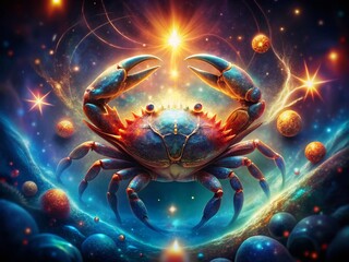 Celestial Cancer: Zodiac Sign Portrait with Glowing Stars and Crab