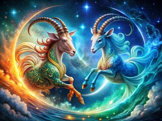 Celestial Dance: Capricorn & Aquarius Zodiac Signs, 8K Astrological Art