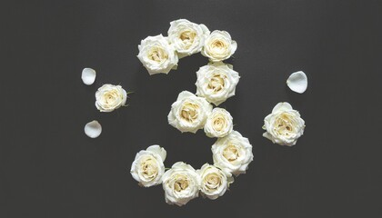 Number 3 made out of white roses with black background. Photo for birthday or anniversary party
