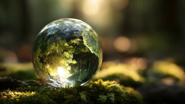 Environment Concept, ball is surrounded by green grass and trees, creating a peaceful and serene atmosphere. The sunlight is shining on the ball