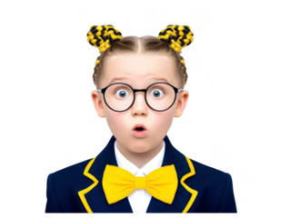 Surprised girl with round glasses, yellow bow tie, navy blue blazer, yellow trim, and braided hair buns, isolated on transparency background, expressing amazement and curiosity