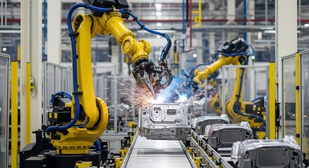 Automated robotic arms performing welding on a car assembly line in a modern factory.