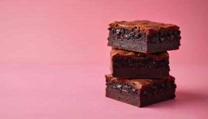 Stack of three moist chocolate brownies with glossy tops and melted chocolate chips. Rectangular dessert pieces sit on pink background. Ready to eat sweet treats.