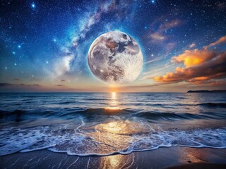 Celestial Ocean: Moonlit Twilight Seascape with Galactic Wonders