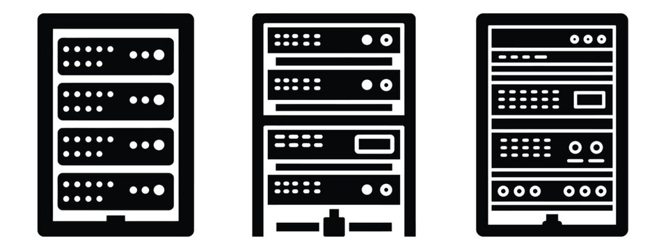 server rack minimal icon set, black color and white background