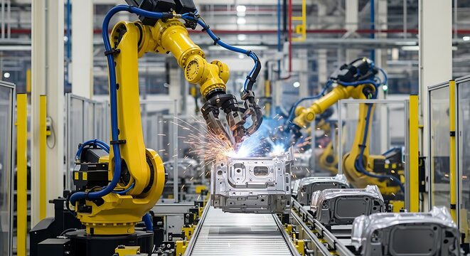 Automated robotic arms performing welding on a car assembly line in a modern factory.
