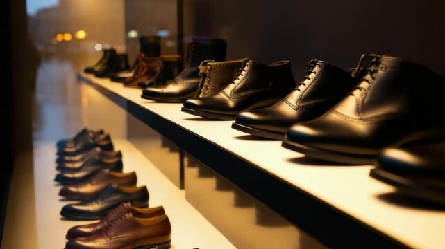 Elegant leather mens dress shoes and boots displayed in a brightly lit shop window on a rainy city street at night