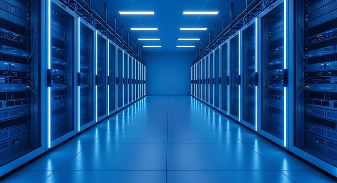 A long, sterile corridor lined with rows of glowing blue server racks in a modern data center.