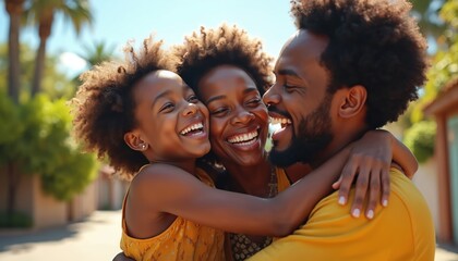 Happy African family hugging outside. Father mother and daughter laugh. People enjoy time together at sunny day. Family portrait expresses love and happiness.