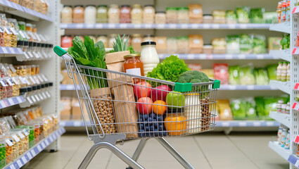 Supermarket shopping cart filled with fresh fruits, vegetables, and packaged goods, highlighting healthy eating, variety, and everyday grocery shopping in a retail store