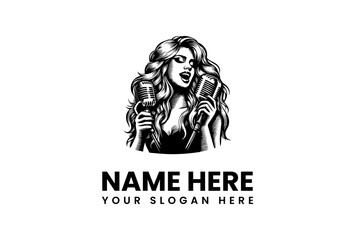Elegant black and white logo of a passionate female singer with voluminous hair, holding two microphones for a music business or band