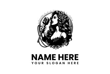 Vintage Vocalist Emblem Woman Singing with Retro Microphone Logo