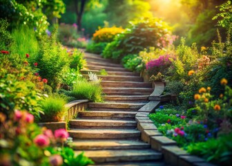 Charming Garden Path: Miniature Stone Steps Leading Through Lush Greenery