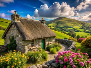 Charming Irish Cottage Holiday Home, Rolling Green Hills, Sunny Day