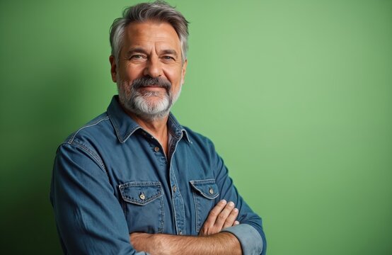 Handsome middle aged man with gray beard poses on green studio backdrop. Confident male wears denim shirt smiling with arms crossed. Portrait of fashionable mature guy. - Powered by Adobe