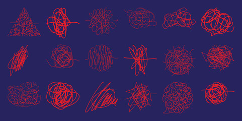 Collection of Red Scribble Lines and Tangled Shapes on a Dark Blue Background