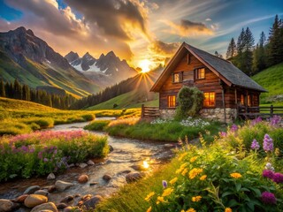 Charming Mountain Valley Cottage - Idyllic Rural Home Stock Photo