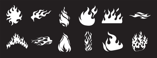 Collection of White Flame and Fire Icons on Black Background