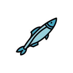 An illustrated blue fish angled left It has a black outline a dot eye and multiple fins
