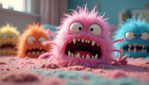 Cartoon microbes with large teeth and wide eyes infest carpet surface. Fictional colorful furry monsters look menacing. Concept of germs infestation and hygiene problems inside room.