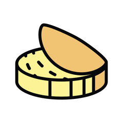 An open circular container with a curved lid showing contents with small marks