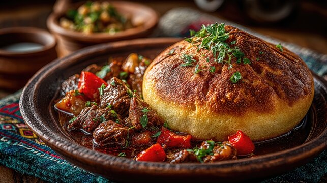Libya dish Bazin Hardened barley dough dome served with lamb or chicken stew