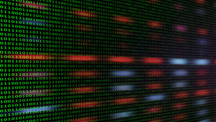 Full screen of green binary number system on blurred soft bokeh from LED lighting. Background for digital data transformation or Sci-Fi mystery concept. Copy space on 16:9 format.